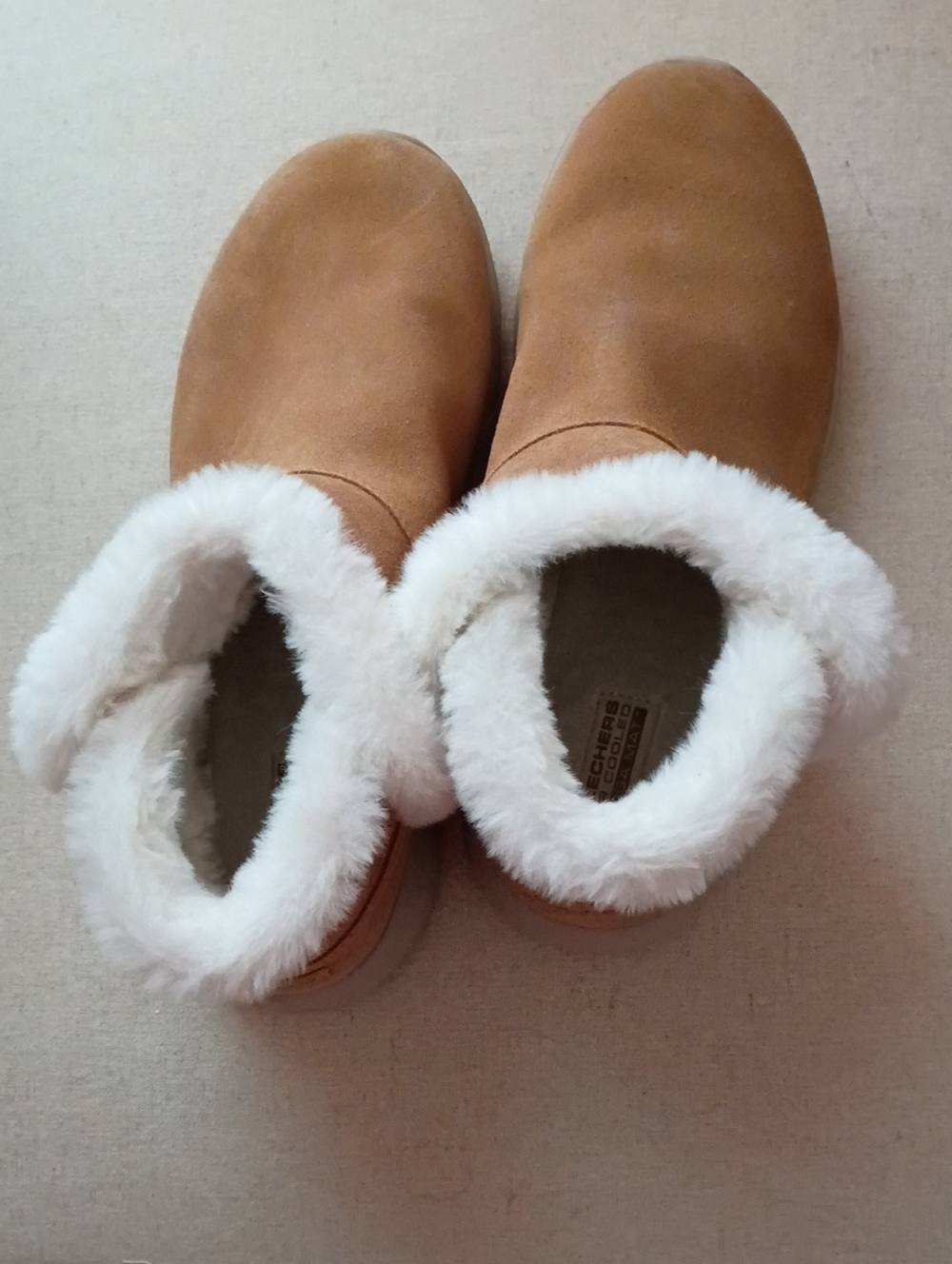 Skechers Tan Faux-Suede Slip-On Boots with White Faux Fur Trim